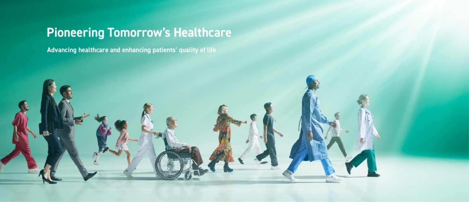 Healthcare professionals, patients and workers walking forward together